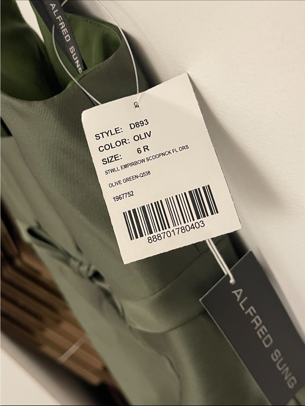ALFRED SUNG Olive Green Satin Column Gown with Waist Bow- NWT - Picture 4 of 11